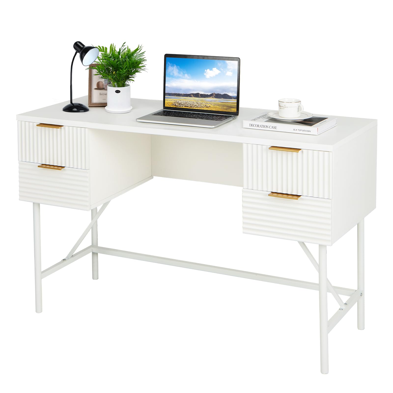 Tangkula Bureau blanc avec 4 tiroirs, bureau de maison de 122 cm avec rangement, bureau d'écriture avec cadre en métal pour chambre, bureau, étude